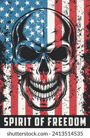 Amerikanischer Freiheitsgeist bunter Vintage-Flyer mit Schädel und US-Flagge im Grunge-Stil für Bekleidungsdesign, Vektorgrafik