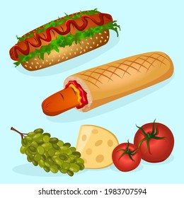 American and French hot dog, tomatoes, cheese and grapes. Products 