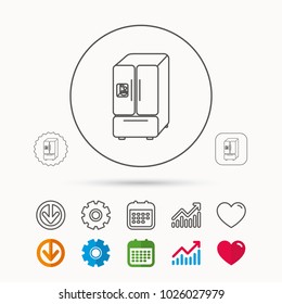 American fridge icon. Refrigerator with ice sign. Calendar, Graph chart and Cogwheel signs. Download and Heart love linear web icons. Vector