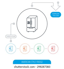 American fridge icon. Refrigerator with ice sign. Line circle buttons. Download arrow symbol. Vector