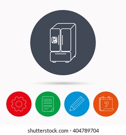 American fridge icon. Refrigerator with ice sign. Calendar, cogwheel, document file and pencil icons.