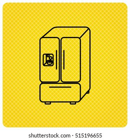 American fridge icon. Refrigerator with ice sign. Linear icon on orange background. Vector