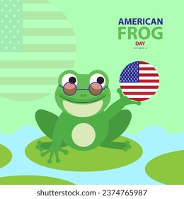 American Frog Day on october 21, with A frog wearing glasses raises his hand holding a round American flag and text isolated on abstract background for commemorate and celebrate American Frog Day.