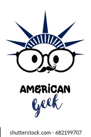 American geek man with mustache  isolated on white background / American geek logo with big glasses 