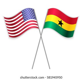 American and Ghanaian crossed flags. United States of America combined with Ghana isolated on white. Language learning, international business or travel concept.