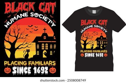 American ghost Halloween t-shirt Design. Black cat humane society placing familiars since 1692 Typography t-shirt Design perfect for any Halloween party lovers. Ghost design ready for any print item.