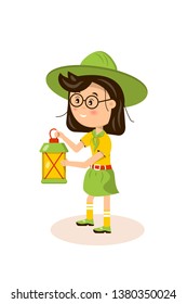 American girl flat vector illustration. Child in glasses carrying lantern. Camping, hiking in forest, woods. Picnic in park. Kid cartoon character. School excursion, education isolated clipart