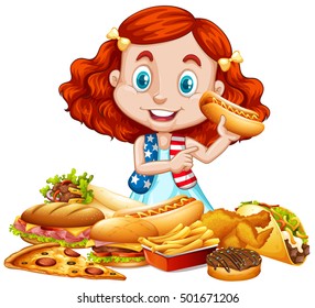 American girl and American food illustration