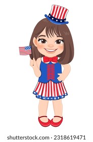 American Girl Portrait Celebrating 4th Of July Independence Day with Costume, Holding Flags, Flat icon Style Vector