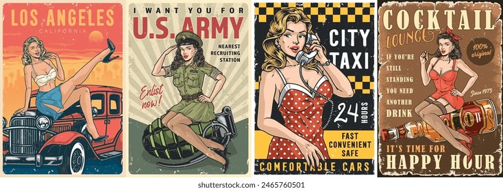 American girls colorful set posters with pinup beauties advertising auto travel and army or taxi and cocktail party vector illustration