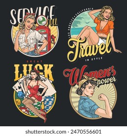 American girls colorful set stickers for gas station and casino or travel advertising in retro style vector illustration