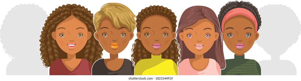 American girls group. African girls group. Girl group face set. Female portrait. Head, face and  hairstyle for puberty girl.
