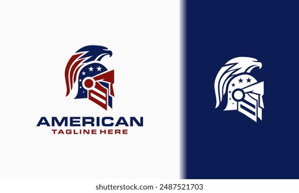 Casco de gladiador americano con el diseño de la bandera y del logotipo del halcón. mascota espartana e-sport Ilustración vectorial