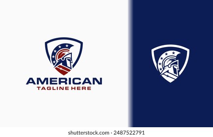 American Gladiator helmet with the flag and shield logo design, spartan mascot e-sport vector illustration