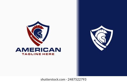 American Gladiator helmet with the flag and shield logo design, spartan mascot e-sport vector illustration