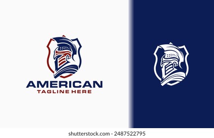 American Gladiator helmet with the flag and shield logo design, spartan mascot e-sport vector illustration