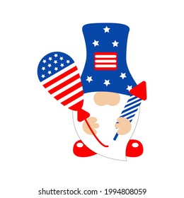 American gnome with baloon^ fireworks. Cute vector prints for 4th of July. Independence day design elements in the colors of the US national flag. Vector illustration