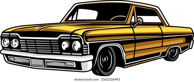 American Gold Muscle Car Cartoon Illustration