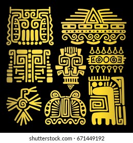 American golden ancient totems on black background, vector illustration