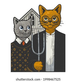 American Gothic cats color line art sketch graving Vektorgrafik. T-Shirt Bekleidungsdesign. Scratch-Board-Imitation. Schwarz-Weiß, handgezeichnet.