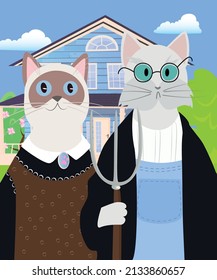 American Gothic with cats full color flat style vector illustration. T-shirt apparel print design. Farmer Cat with his cat wife.