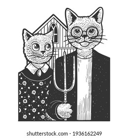 American Gothic cats sketch engraving vector illustration. T-shirt apparel print design. Scratch board imitation. Black and white hand drawn image.