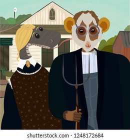 American Gothic. Farmer Limour with his wife a snake. eps 10