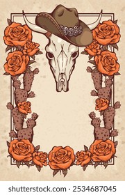 American gothic frame design. Wild west style. Cowboy hat, rose flowers and cactus, bull skull with horns. Vintage Western grunge border background