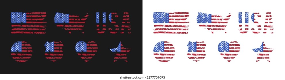 Amerikanisches Grunge Flag Set. Grunge Textur USA Flagge in verschiedenen Formen mit Karte und Schild. US-amerikanische Flaggensammlungen für Aufkleber, T-Shirt-Druck und Plakatdesign. Vektorgrafik.