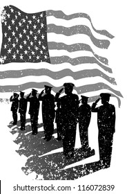 American Grunge Flag With Silhouettes Of Soldiers Saluting.