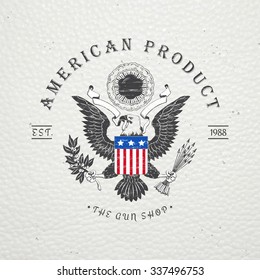 American gun shop. Firearms store. Hunting gun. Detailed elements. Old retro vintage grunge. Scratched, damaged, dirty effect. Typographic labels, stickers, logos and badges. Flat vector illustration