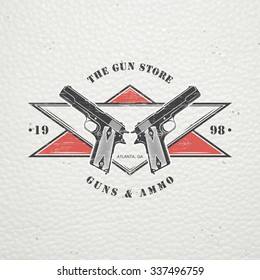 American Gun Shop. Firearms Store. Hunting Gun. Detailed Elements. Old Retro Vintage Grunge. Scratched, Damaged, Dirty Effect. Typographic Labels, Stickers, Logos And Badges. Flat Vector Illustration