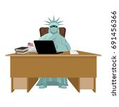 American hacker. computer thief from USA. Statue of Liberty in mask and  laptop. Hacking database. Cyber criminal
