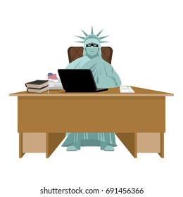 American hacker. computer thief from USA. Statue of Liberty in mask and  laptop. Hacking database. Cyber criminal
