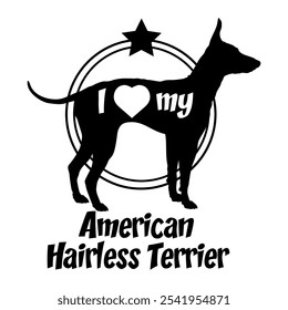  American Hairless Terrier Hund Silhouette, ich liebe meinen Hund, Hund, Hunderassen, Logo, Vektor, Silhouette, Tier, Illustration, Symbol, Zeichen, schwarz, Haustier,