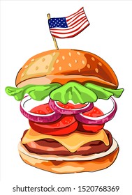 American hamburger or cheeseburger with america flag for USA 4th of July independence day food background concept