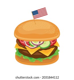 American hamburger with meat, vegetables and cheese icon vector. Classic cheeseburger icon vector. Big burger with american flag icon isolated on a white background