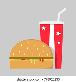 American hamburger with red paper or plastic cup with cola.Fast food.Flat design