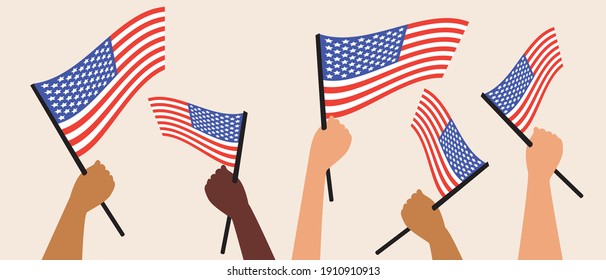 American hands with USA flag isolated. Flat vector stock illustration. USA flag as a symbol of the state. Americans people, flag in hands. Vector illustration, crowd of people