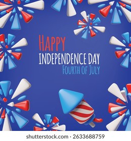 American happy Independence day, 4th July vector 3D plastic style event card design. Render fireworks in national USA flag colors. Celebration and festive patriotic decoration