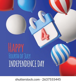 American happy Independence day, 4th July vector 3D plastic style event card design. Render balloons in USA flag colors and calendar. National celebration attributes and festive decoration