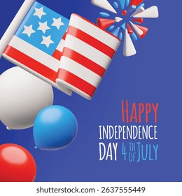 American happy Independence day, 4th July vector 3D plastic style event card design. Render USA flag, balloons and fireworks. National celebration attributes and festive decoration
