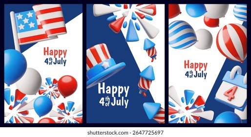 American happy Independence day, 4th July vector 3D plastic style poster designs set. Render USA flag, balloons, hat, fireworks and calendar national celebration attributes and festive decoration