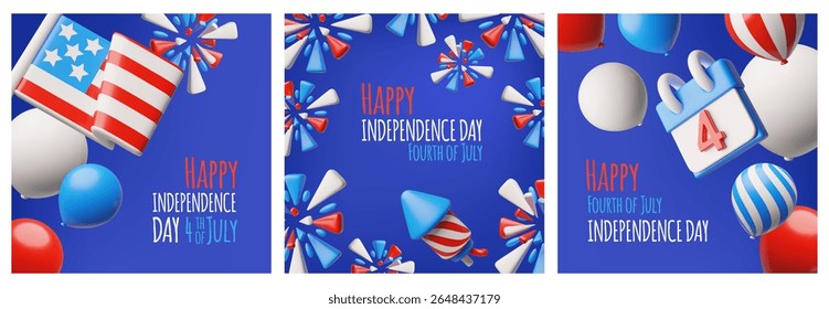American happy Independence day, 4th July vector 3D plastic style event cards designs set. Render USA flag, balloons, fireworks and calendar national celebration attributes and festive decoration