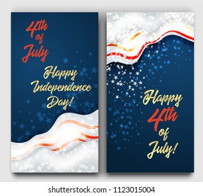 American Happy Independence Day banners set. 4th July festive greeting cards with stars and stripes. Independence Day concept design kit in traditional American colors.