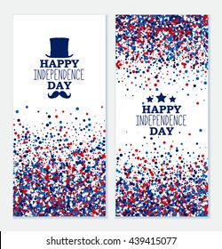 American Happy Independence Day banners set. 4th July festive greeting cards with top hat, mustache, star. Independence Day concept design kit in traditional American colors - red, white, blue.