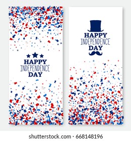 American Happy Independence Day banners set. 4th July festive greeting cards with scattered papers. Independence Day design kit in traditional American colors - red, white, blue.