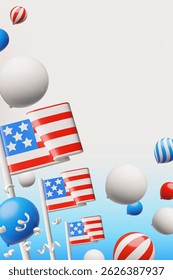 Projeto de fundo de cartaz de plástico 3D vetor dia da Independência feliz americana. Renderize a bandeira dos EUA, balões e atributos de celebração nacional serpentina. Papel de parede patriótico festivo