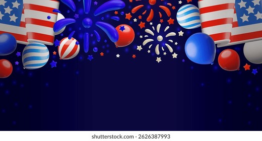 Projeto de fundo de banner 3D estilo plástico vetor dia da Independência feliz americano. Renderizar bandeira dos EUA, balões e fogos de artifício atributos da celebração nacional. Papel de parede patriótico festivo