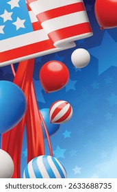American happy Independence day vector 3D plastic style poster background design. Render USA flag, balloons and fireworks. National celebration festive patriotic decorations with stars